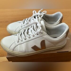 Veja Women’s White Sneakers with Tan V Logo ASO Royal